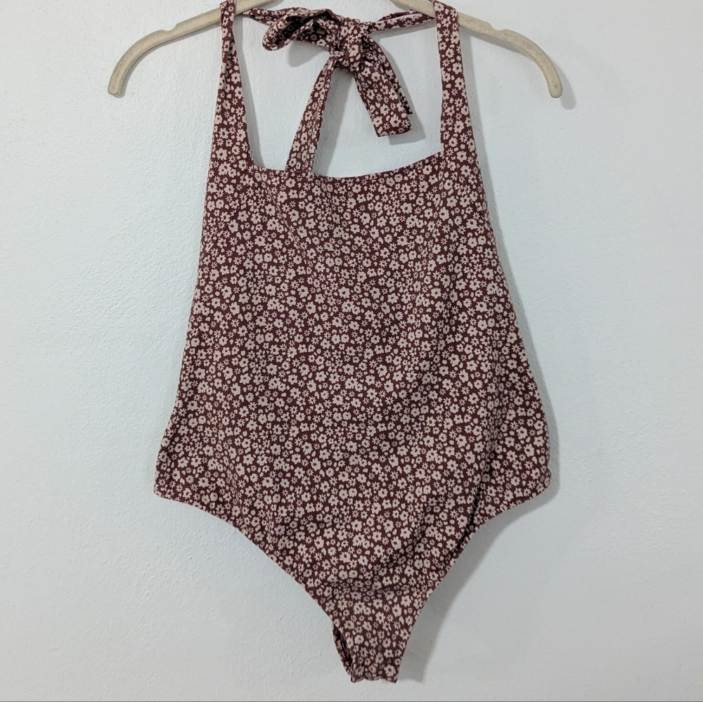 Free People Talk Back Floral Print Halter Bodysuit Orange Size Medium M - Picture 2 of 10